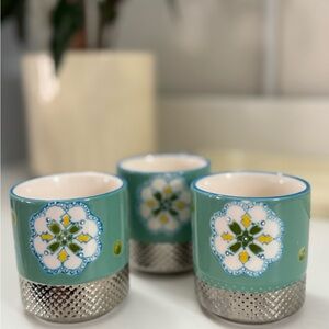 Teal Ceramic Small Tea Cups Set of 3 with Floral Medallion and Silver Base